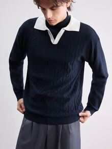 Manfinity Homme Men's Polo Collar Long Sleeve Pullover Sweater Preppy Casual Autumn Top, Suitable For Daily Wear, Leisure, Vacation, V-Neck Colorblock - Navy Blue - View 5