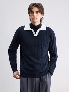 Manfinity Homme Men's Polo Collar Long Sleeve Pullover Sweater Preppy Casual Autumn Top, Suitable For Daily Wear, Leisure, Vacation, V-Neck Colorblock - Navy Blue - View 6