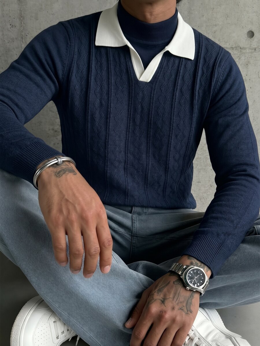 Manfinity Homme Men's Polo Collar Long Sleeve Pullover Sweater Preppy Casual Autumn Top, Suitable For Daily Wear, Leisure, Vacation, V-Neck Colorblock - Navy Blue - View 1