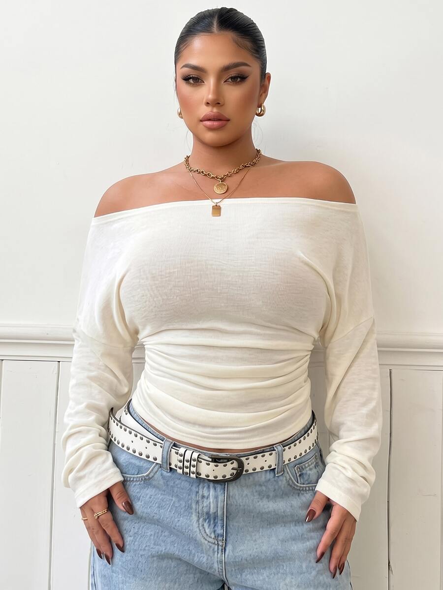 Muchica Plus Size Women's Solid Color Off-Shoulder Long Sleeve Fitted Ruched Casual T-Shirt Fall - Beige - View 1