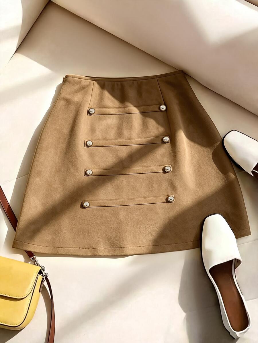 SHEIN Women's Suede Napoleon Button Skirt, Brown A-Line Mini Skirt, Simple Commute Autumn/Winter Outfit, Party Wear