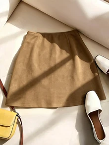SHEIN Women's Suede Napoleon Button Skirt, Brown A-Line Mini Skirt, Simple Commute Autumn/Winter Outfit, Party Wear - Khaki - View 3