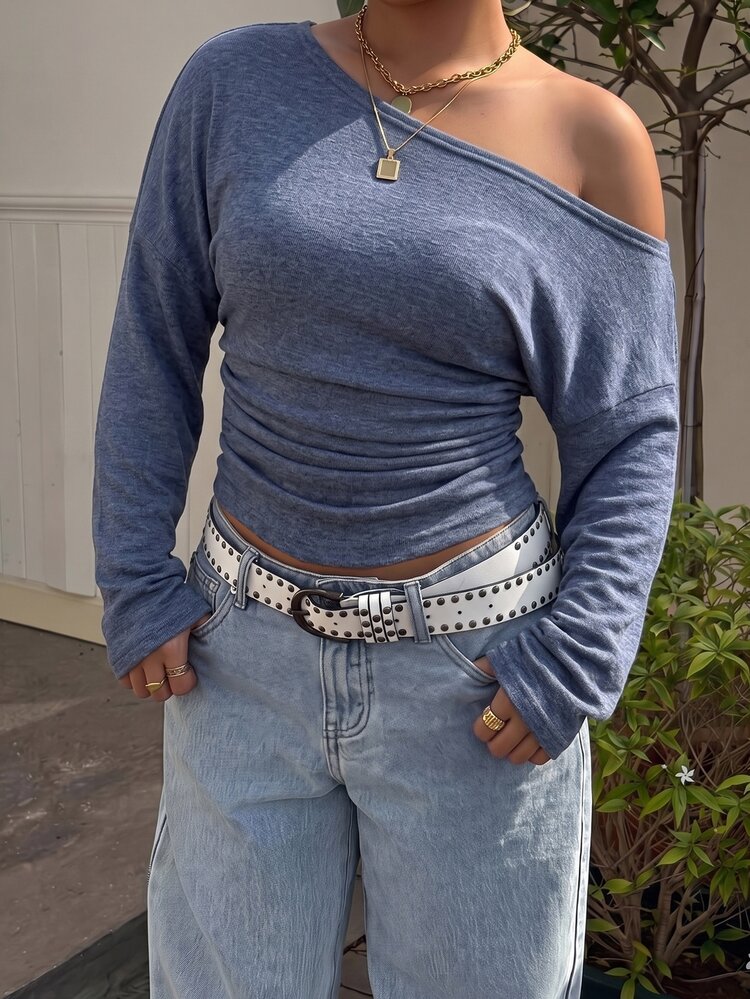 Muchica Navy Blue Off-Shoulder Ruched Waist Plus Size T-Shirt Fall - Navy Blue - View 6