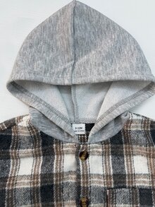 SHEIN 嬰兒與幼童男童休閒格紋印花拼接鈕扣連帽襯衫與運動長褲套裝 - 彩色 - 查看 3
