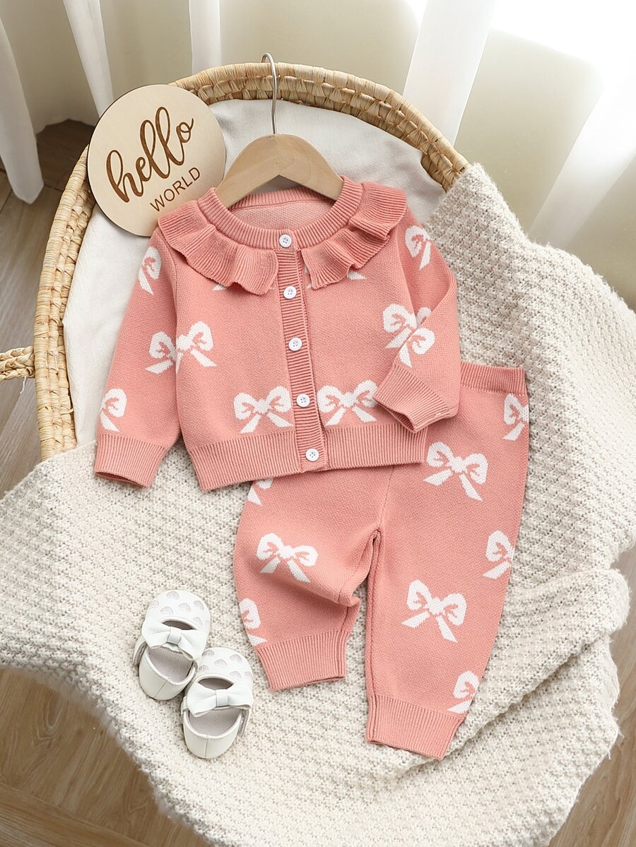 SHEIN 女嬰毛衣套裝，時尚仙女風可愛蕾絲領花卉上衣配長褲，親子套裝，粉色秋冬服飾，2件套 - 藕粉色 - 查看 1