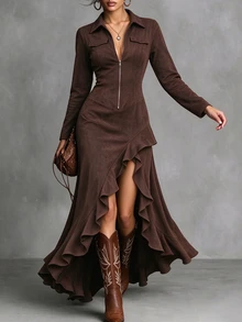 SHEIN Women's Elegant Brown Suede Collared Long Sleeve Zipper Front Faux Pocket Asymmetrical Ruffle Slit Dress Boho Vintage Fall Cowgirl Style Formal Casual - Coffee - View 7