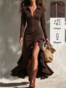 SHEIN Women's Elegant Brown Suede Collared Long Sleeve Zipper Front Faux Pocket Asymmetrical Ruffle Slit Dress Boho Vintage Fall Cowgirl Style Formal Casual - Coffee - View 5