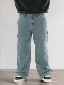 FORM&CHAOS Men's Light Color Casual Streetwear Loose Fit Denim Jeans Vacation Beach Light Blue Fall - Baby Blue - View 3
