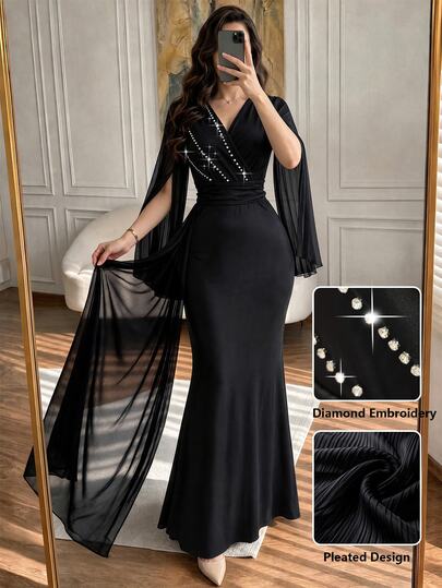 Modelyn Women's Elegant Black V-Neck Diamond Embroidery Design Pleated Slit Long Sleeve Waist-Cinched Bodycon Dress Dinner Party Night Fall