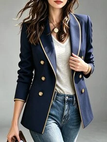 Trelyra Fall Winter British Style Gold Piping Trim Blazer Women Double-Breasted Slim Fit Blazer Versatile Co - Navy Blue - View 5
