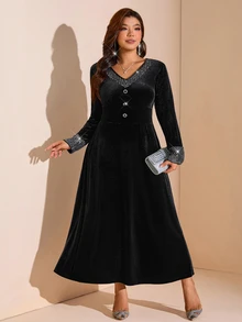 Comfylo Plus Size Women's V-Neck Casual Party Summer Dress - Black - View 9