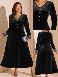 Comfylo Plus Size Women's V-Neck Casual Party Summer Dress - Black - View 2
