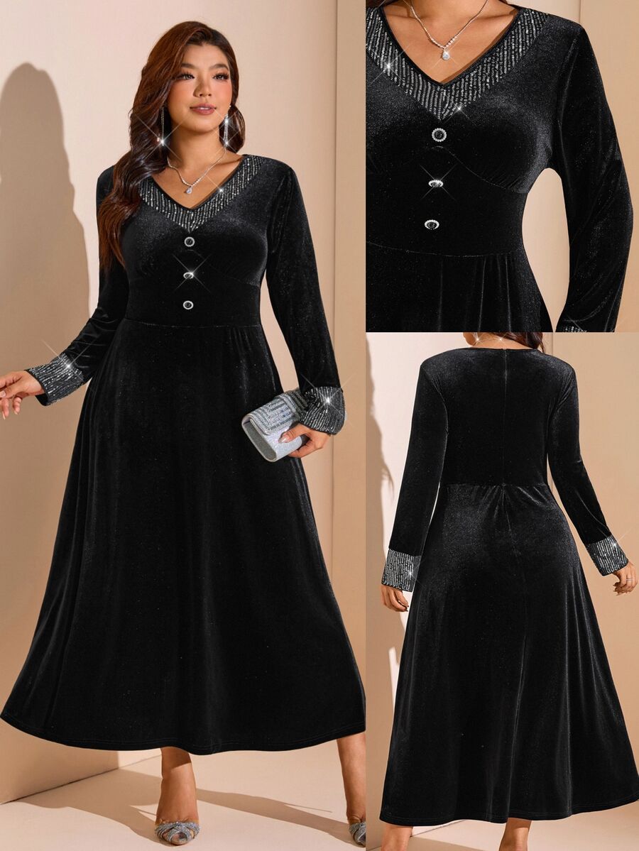 Comfylo Plus Size Women's V-Neck Casual Party Summer Dress - Black - View 1