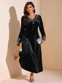 Comfylo Plus Size Women's V-Neck Casual Party Summer Dress - Black - View 4