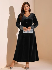 Comfylo Plus Size Women's V-Neck Casual Party Summer Dress - Black - View 3