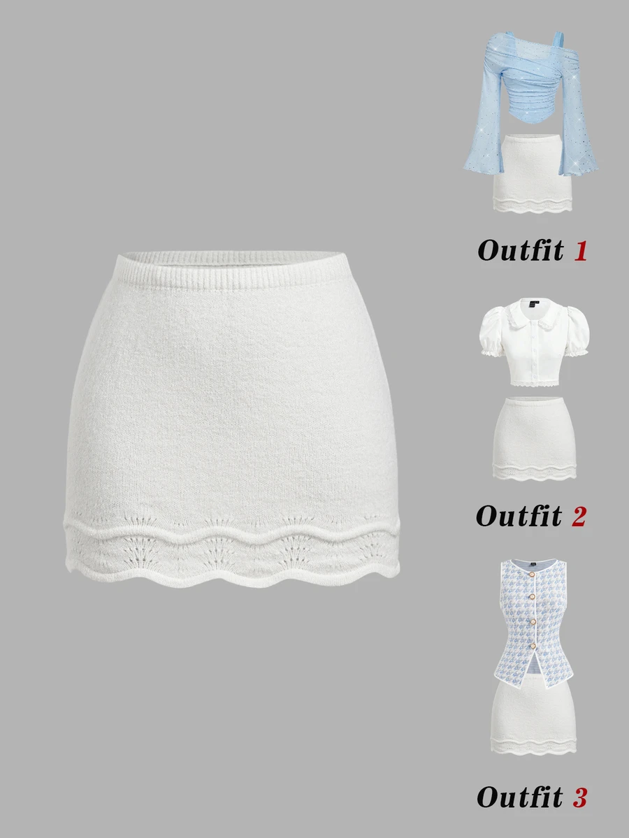 SHEIN MOD تنورة ميني محبوكة بلون موحد كاجوال متعددة الاستخدامات للارتداء اليومي للنساء - أبيض - مشاهدة 1