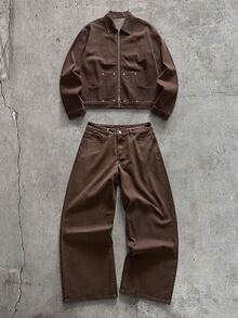 AXEPEAK Atasan Pria Lengan Panjang Berresleting Warna Cokelat Pudar - Khaki - View 13
