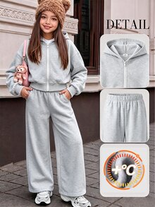 SHEIN 2件組青少年女孩休閒運動可愛連帽拉鍊短版外套與鬆緊腰寬腿褲套裝，秋季校園運動灰色 - 灰色 - 查看 3
