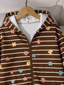 少女花卉愛心刺繡棕色花卉拉鍊連帽外套，長袖休閒可愛連帽夾克，休閒復古秋季/校園穿搭 - 彩色 - 查看 5