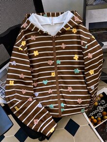 少女花卉愛心刺繡棕色花卉拉鍊連帽外套，長袖休閒可愛連帽夾克，休閒復古秋季/校園穿搭 - 彩色 - 查看 4