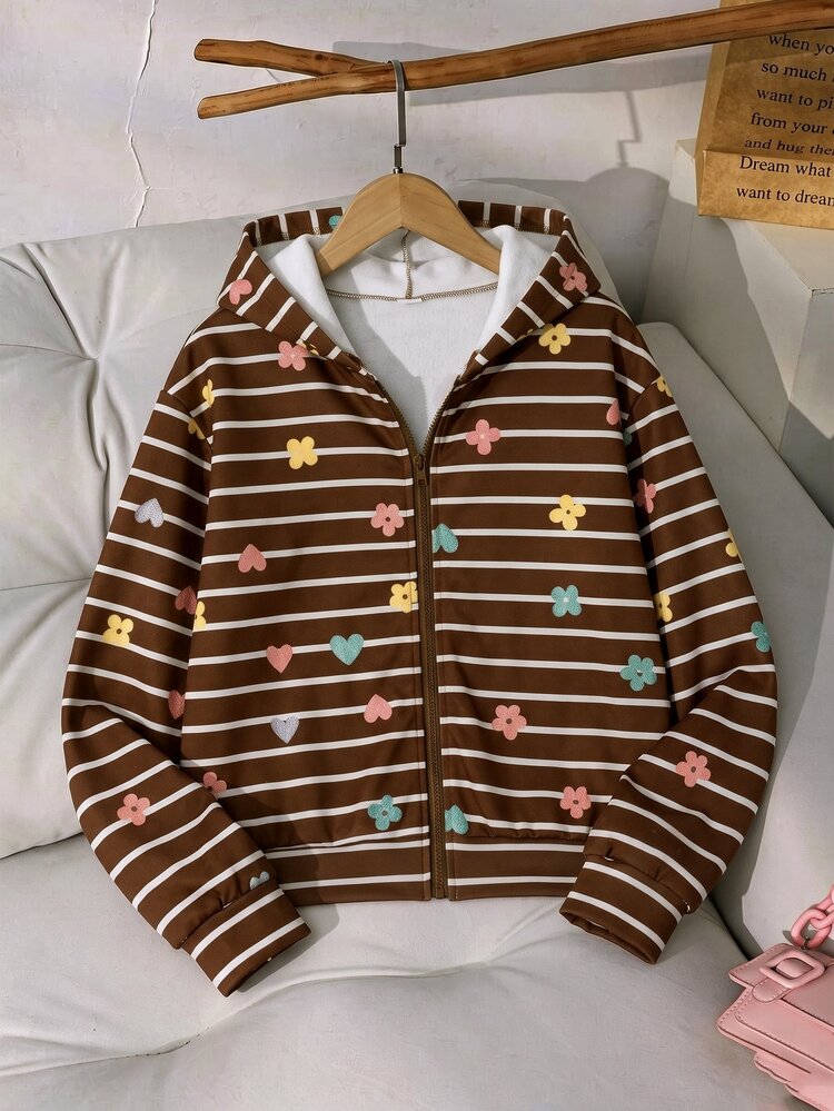 Tween Girls Floral Heart Embroidered Multicolor Brown Striped Zip-Up Hoodie, Long Sleeve Casual Hooded Jacket, Casual Retro Autumn/Winter Wear - Multicolor - View 3