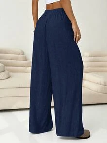 Solflare 大尺碼純色休閒優雅柔軟結飾寬腿褲，亞麻商務女款秋季度假辦公正式黑色秋季 - 藏蓝色 - 查看 2