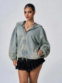 Flirla Women's Zipper Casual Daily Long Sleeve Denim Jacket - Light Wash - View 1