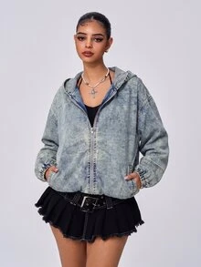 Flirla Women's Zipper Casual Daily Long Sleeve Denim Jacket - Light Wash - View 3