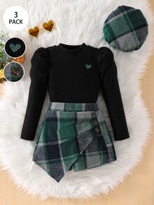 SHEIN 女童黑色針織長袖上衣 + 格紋不對稱裙褲套裝（含帽子），適合深秋、初冬、早春 - 墨綠色 - 查看 3