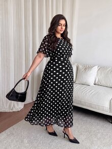 Cirelune Plus Size Women's Elegant Round Neck Ruffle Flare Sleeve Fitted Flowy Maxi Chiffon Dress, Spring/Summer - Black and White - View 4