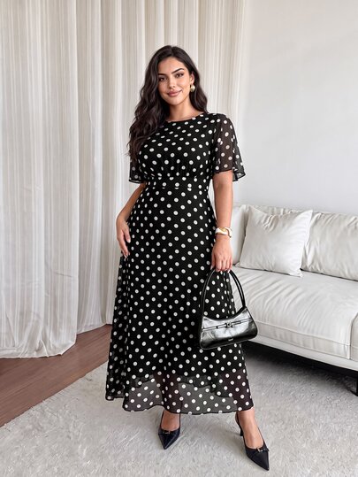 Cirelune Plus Size Women's Elegant Round Neck Ruffle Flare Sleeve Fitted Flowy Maxi Chiffon Dress, Spring/Summer