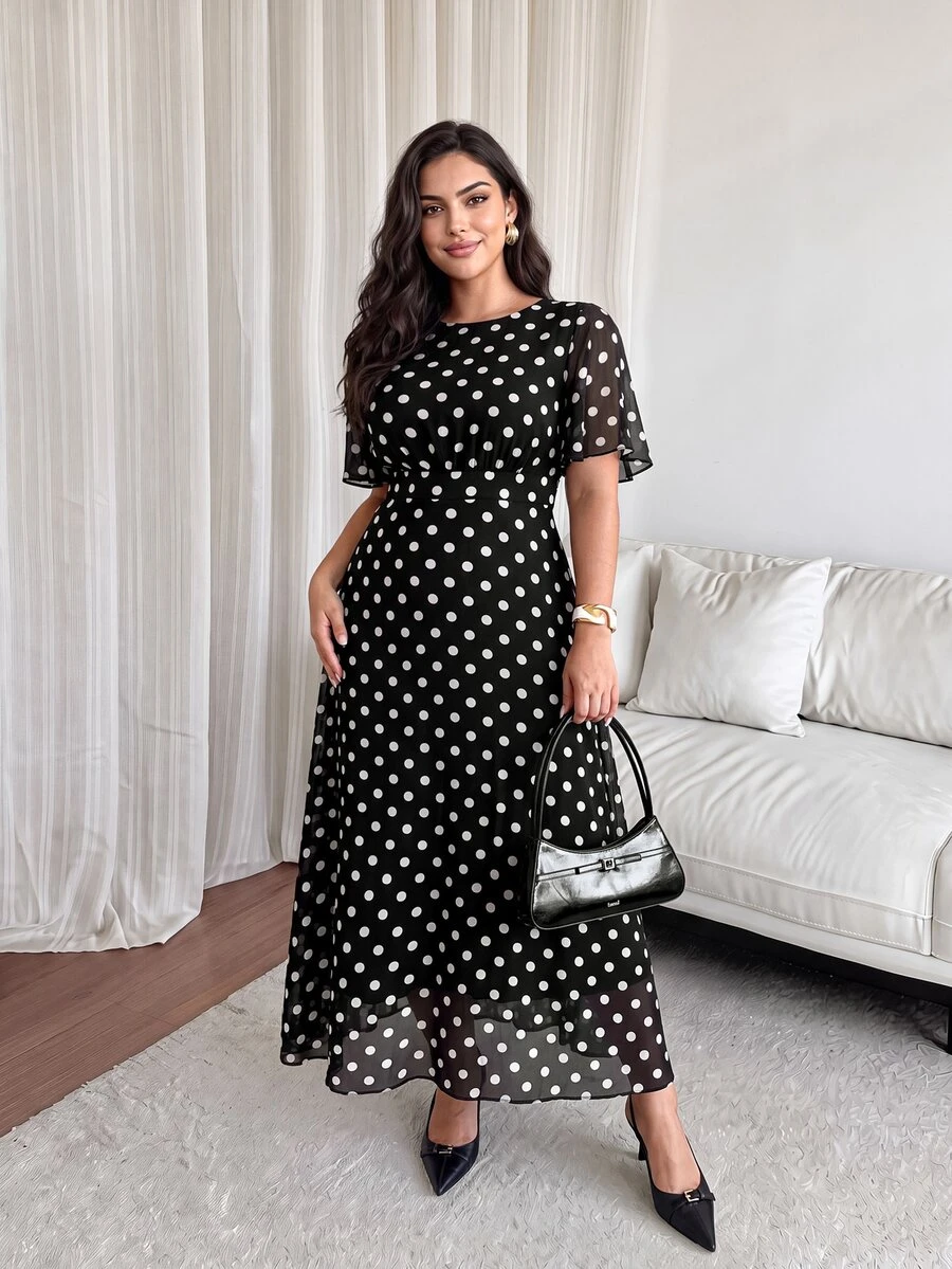 Cirelune Plus Size Women's Elegant Round Neck Ruffle Flare Sleeve Fitted Flowy Maxi Chiffon Dress, Spring/Summer - Black and White - View 1