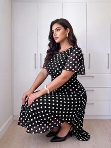 Cirelune Plus Size Women's Elegant Round Neck Ruffle Flare Sleeve Fitted Flowy Maxi Chiffon Dress, Spring/Summer - Black and White - View 5