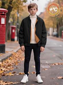 SHEIN Kids Tween Boy Fleece Lined Super Affordable Zipper Baseball Jacket Versatile Suitable For Commuting School Daily Casual College Travel Sports Autumn Winter - Black - View 5