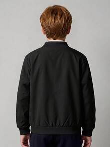 SHEIN Kids Tween Boy Fleece Lined Super Affordable Zipper Baseball Jacket Versatile Suitable For Commuting School Daily Casual College Travel Sports Autumn Winter - Black - View 2