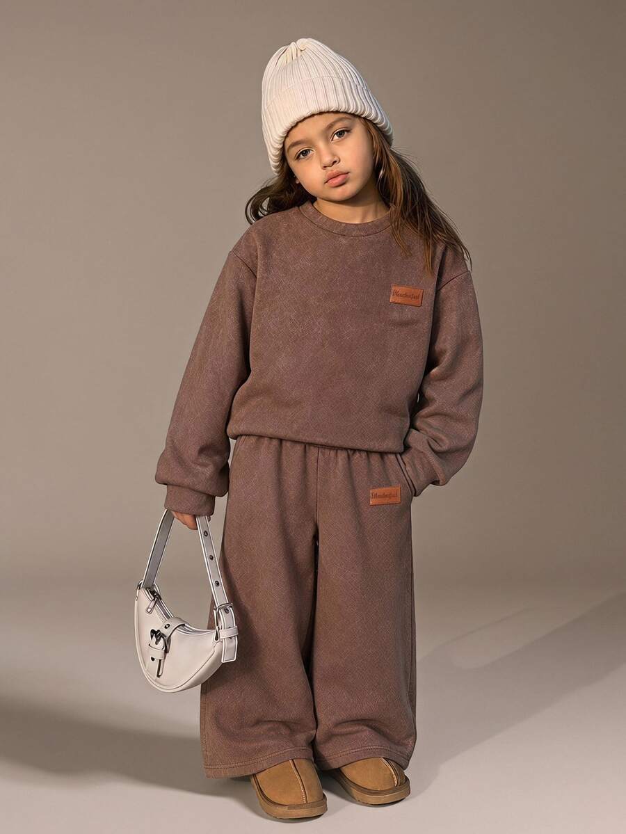 Elladie kids 兒童冬季加厚抓絨套裝,女童簡約拼接圓領衛衣與寬腿長褲 2 件式保暖韓系穿搭 - 咖啡棕 - 查看 1