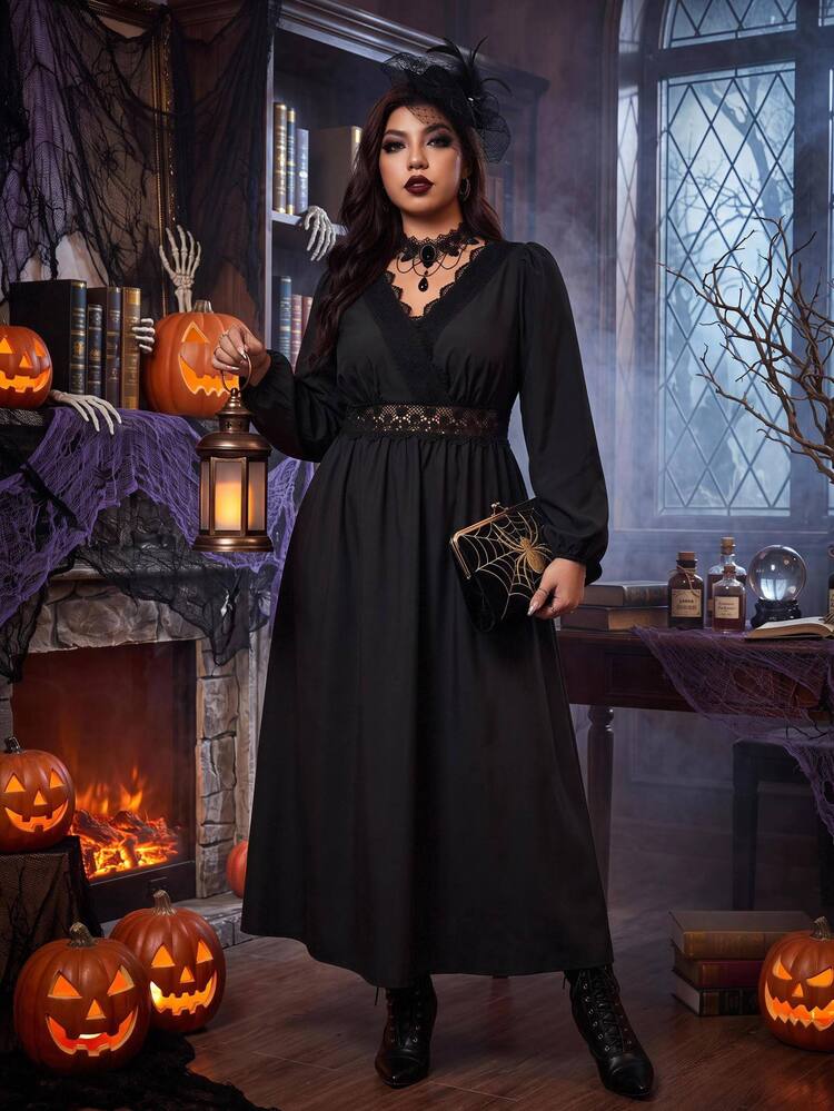 Enliva Plus-Size Elegant Solid Color Lace-Trimmed Dress, Perfect For Autumn And Winter Apple,Rounded Body Fall Women Outfit Date Night Elegant Party Dress - Black - View 8