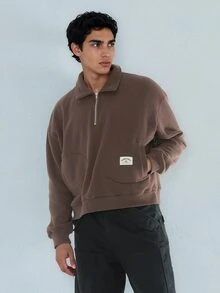 FORM&CHAOS Men's Fall/ Coffee Brown Oversized Streetwear Zip-Up Sweatshirt With Turn-Down Collar Off Campus Teacher Vacation - Brown - View 5