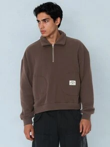 FORM&CHAOS Men's Fall/ Coffee Brown Oversized Streetwear Zip-Up Sweatshirt With Turn-Down Collar Off Campus Teacher Vacation - Brown - View 7
