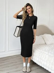 Easowa High Slit Fitted Short Sleeve Dress With Thermal Lining Ribbed Fabric Casual Relaxed Elegant Commute Old Money Style Autumn/Winter Women's Mid-Length Dress - Black - View 4