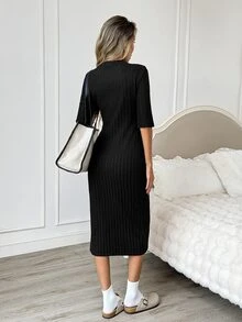 Easowa High Slit Fitted Short Sleeve Dress With Thermal Lining Ribbed Fabric Casual Relaxed Elegant Commute Old Money Style Autumn/Winter Women's Mid-Length Dress - Black - View 9