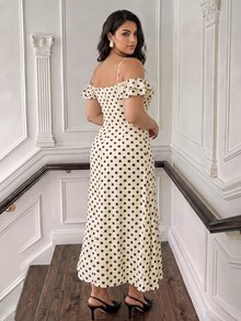 Cirelune Plus Size Polka Dot Chiffon Layered A-Line Zipper Ruffle Hem Casual Elegant Dress, For Parties, Date Night Special Occasion Evening Events - Apricot - View 2