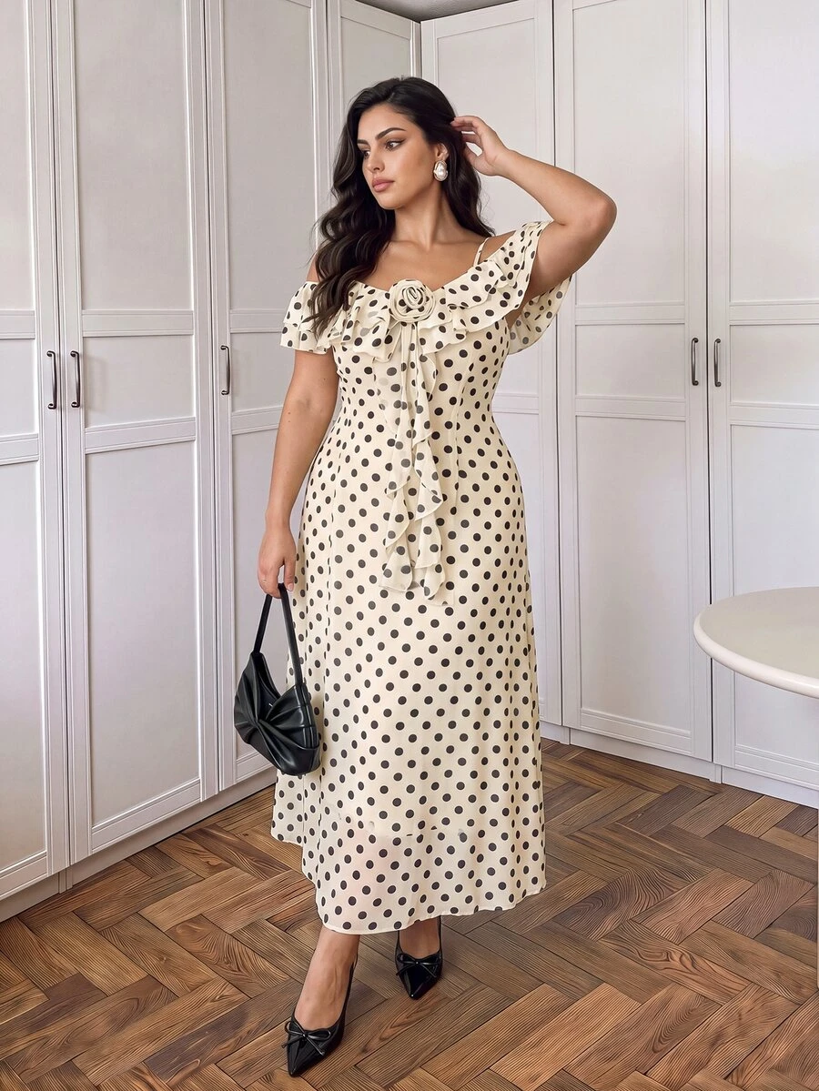 Cirelune Plus Size Polka Dot Chiffon Layered A-Line Zipper Ruffle Hem Casual Elegant Dress, For Parties, Date Night Special Occasion Evening Events - Apricot - View 1