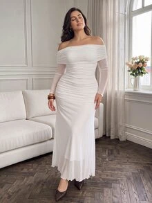 Cirelune Plus Size Women's All White Mesh Off Shoulder Ruched Waist Elegant Sexy Wedding Party Evening/Occasion Dress Elegant Dresses For Women Autumn Wedding - White - View 5