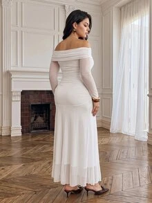 Cirelune Plus Size Women's All White Mesh Off Shoulder Ruched Waist Elegant Sexy Wedding Party Evening/Occasion Dress Elegant Dresses For Women Autumn Wedding - White - View 2
