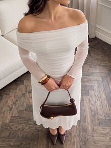 Cirelune Plus Size Women's All White Mesh Off Shoulder Ruched Waist Elegant Sexy Wedding Party Evening/Occasion Dress Elegant Dresses For Women Autumn Wedding - White - View 4