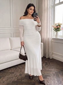 Cirelune Plus Size Women's All White Mesh Off Shoulder Ruched Waist Elegant Sexy Wedding Party Evening/Occasion Dress Elegant Dresses For Women Autumn Wedding - White - View 1