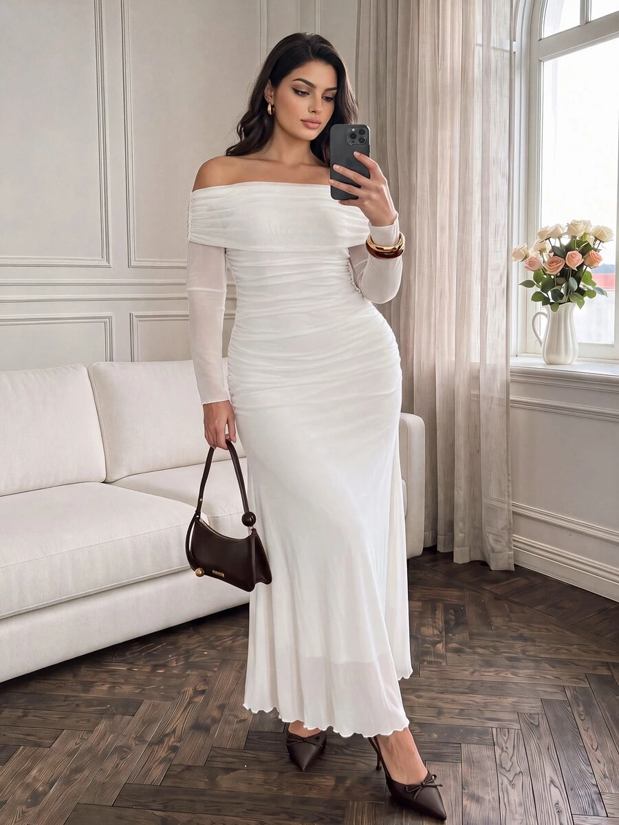 Cirelune Plus Size Women's All White Mesh Off Shoulder Ruched Waist Elegant Sexy Wedding Party Evening/Occasion Dress Elegant Dresses For Women Autumn Wedding - White - View 1