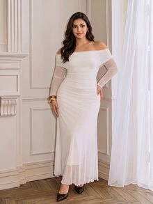 Cirelune Plus Size Women's All White Mesh Off Shoulder Ruched Waist Elegant Sexy Wedding Party Evening/Occasion Dress Elegant Dresses For Women Autumn Wedding - White - View 3
