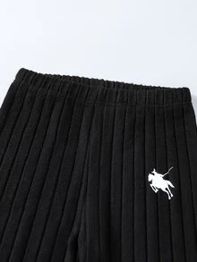 SHEIN Vintaside Kids 青少年女孩秋冬加厚保暖學生運動風 80年代可愛休閒內搭毛絨羅紋圓領長袖上衣與內搭褲套裝 - 黑色 - 查看 8